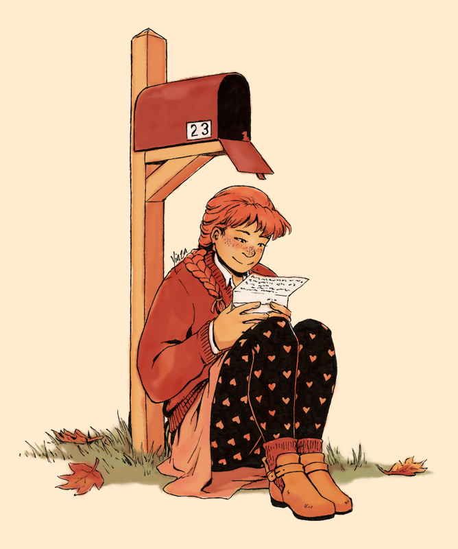 A girl sitting beneath her mailbox, reading a letter.