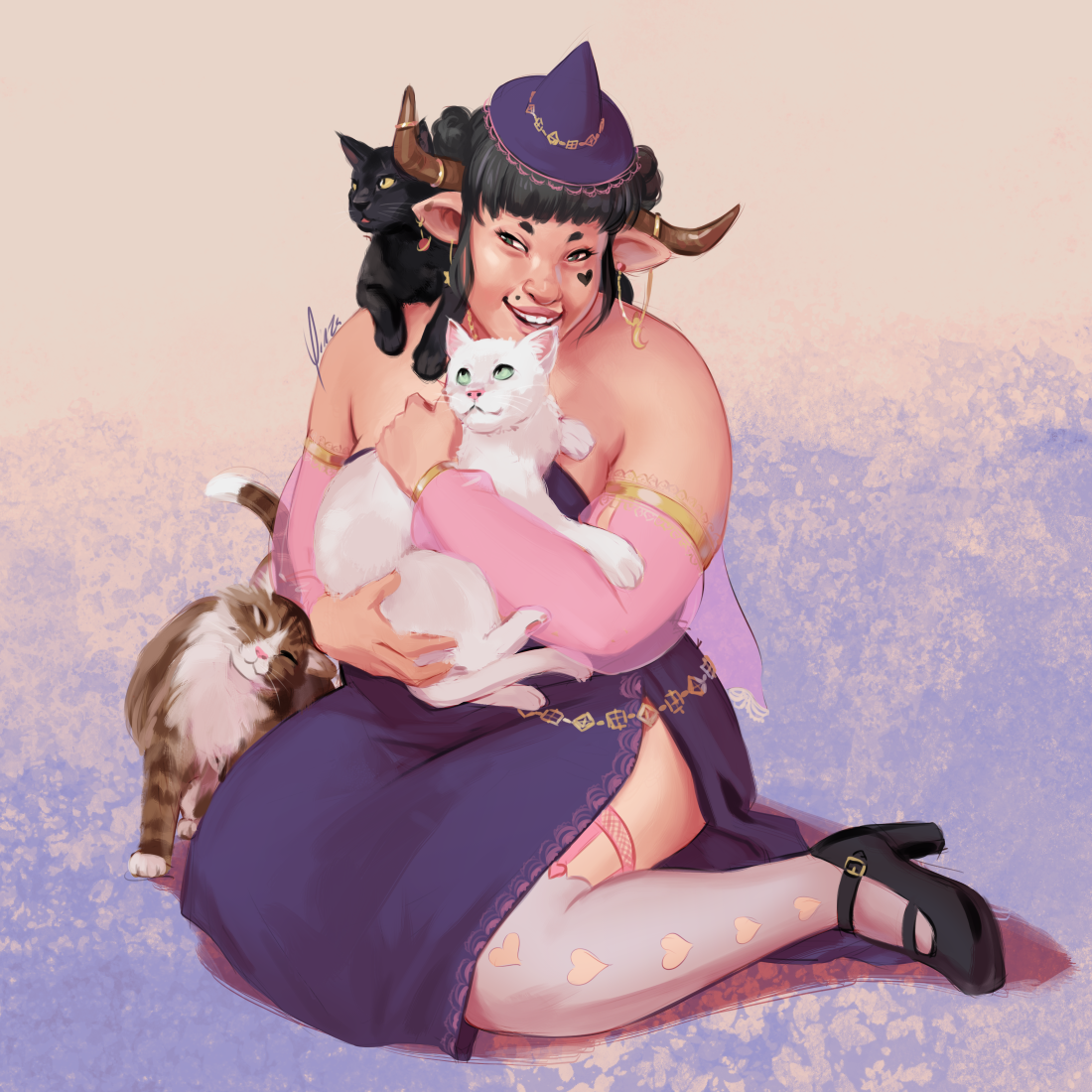 A digital painting of a heavyset draph woman. She is sitting on the floor holding one cat in her arms while another perches on her shoulder and a third rubs against her arm. She is wearing a dark purple dress with disconnected translucent sleeves, a short cape, and a small pointed hat.