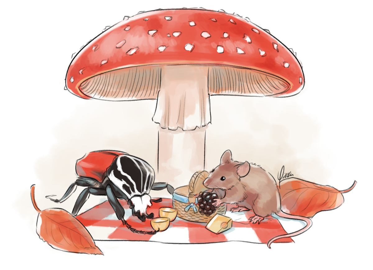 Digital artwork of a goliath beetle and a mouse having a picnic. A red-checked blanket is spread beneath a red fly amanita mushroom, and a few fall leaves rest nearby. The mouse is brown-furred and is unpacking a tiny picnic basket. A small wedge of cheese already sits on the blanket, and she holds a single blackberry in her front paws. Two round yellow cups sit atop the blanket, and the beetle is hooking a foreleg around one of them.