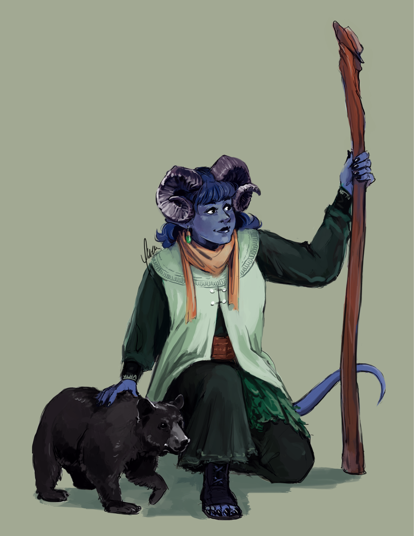 A tiefling druid crouches beside a cat-sized black bear.