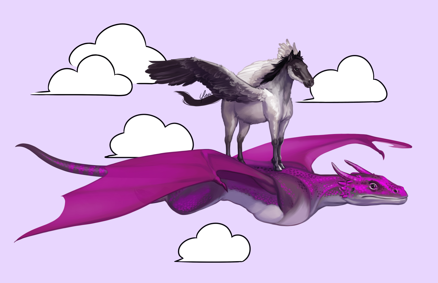 Digital artwork of a pegasus riding atop a wyvern in flight. The pegasus is fluffier than a horse, with coloring similar to a Canada goose, and stands with its wings outstretched, looking ahead. The wyvern is several times larger with a predominantly purple/fuchsia coloring and light grey underbelly. Its wings are outstretched in flight. The background is a light purple with flat white cartoon clouds.