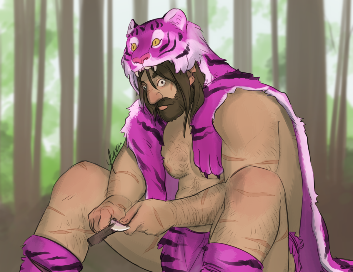Digital artwork of a man sitting and whittling. He is light-skinned with a thick, muscular build, body hair, and numerous scars on his exposed skin. He is wall-eyed with a large nose, long brown hair, and a thick beard. He wears the pelt of a magenta tiger on his back and fashioned into a loincloth and boots. He is just beginning to carve a small piece of wood he holds in his hands. Behind him is an indistinct forest.