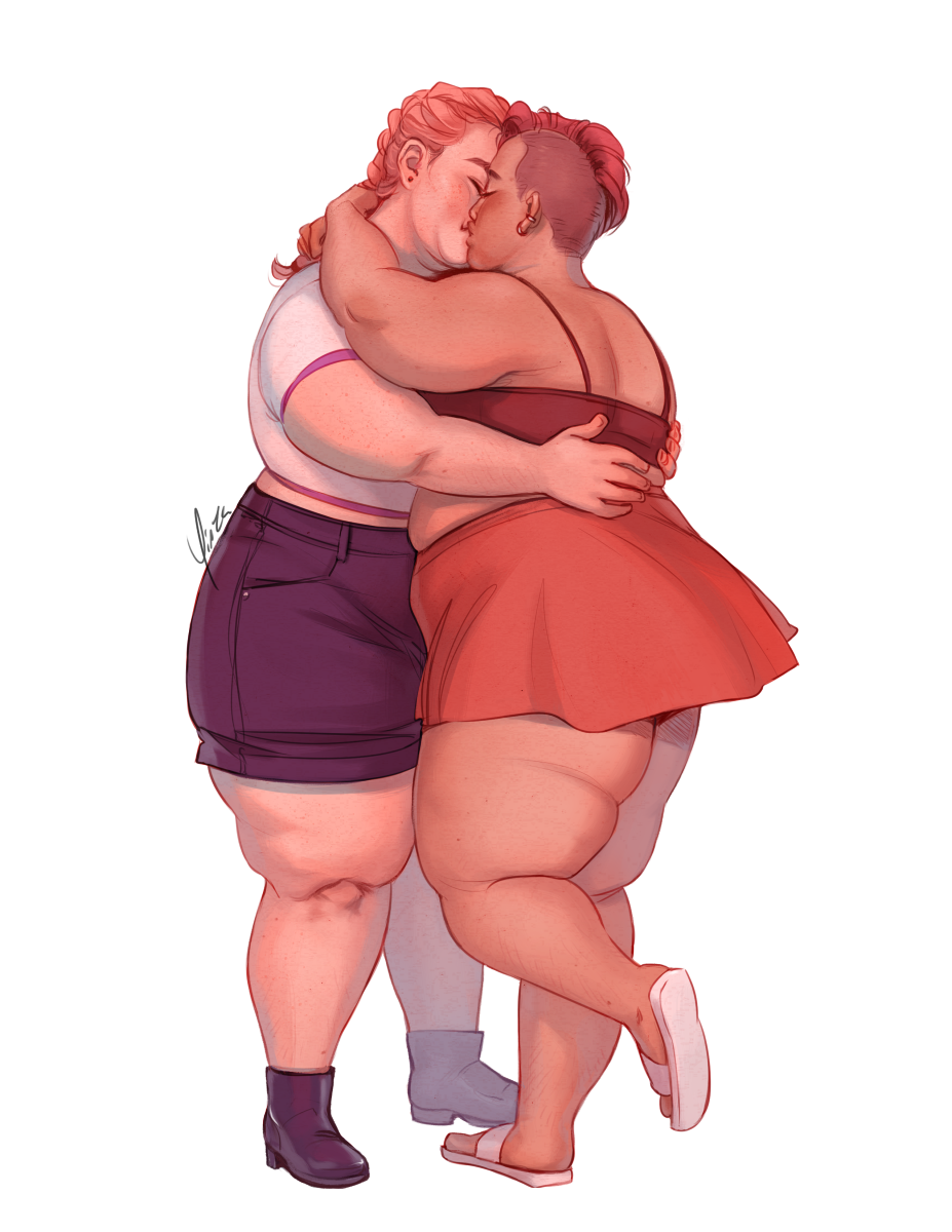 Digital artwork of two fat women kissing. The woman on the left is light-skinned with pink hair pulled back in a braid. She wears a white T-shirt with purple trim, dark purple shorts, and matching ankle-high boots. Her arms are wrapped around the other woman's waist. The woman on the right has light brown skin and darker pink hair styled in an undercut. She wears a dark red cropped tank top, a red miniskirt, and white sandals. She has one foot lifted and her arms looped around the first woman's neck.