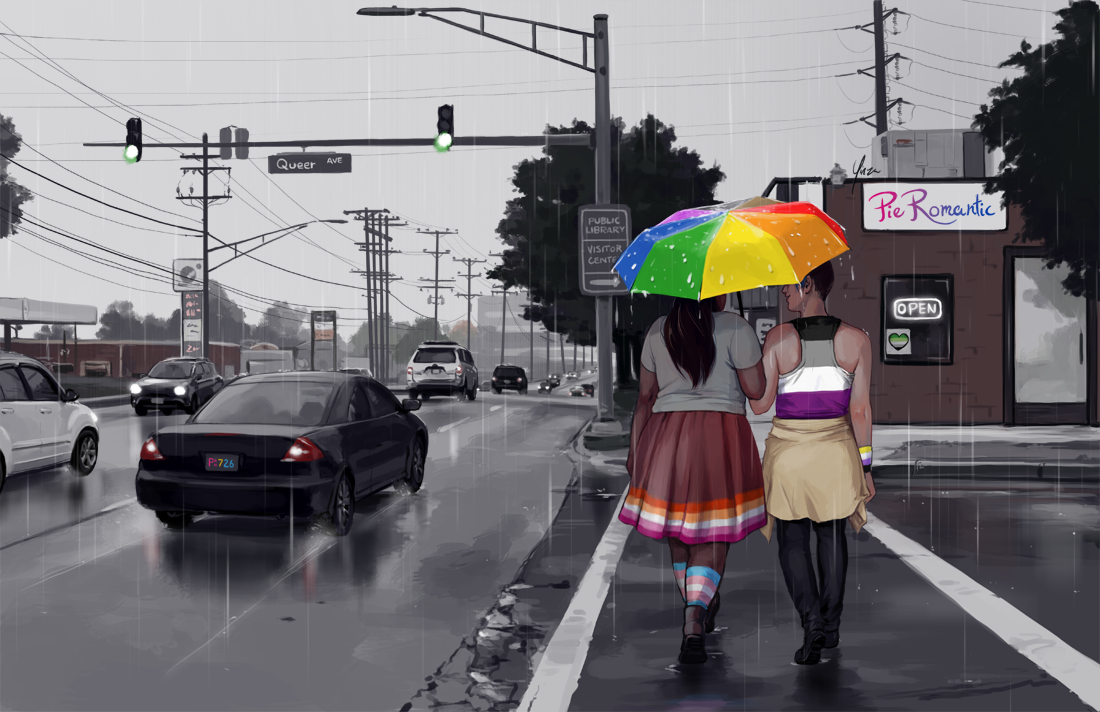 Two queer people cross a rainy street sharing a rainbow umbrella. On the left is a chubby brown-skinned woman with long dark hair. She is holding the umbrella and wearing a skirt with the lesbian flag colors and transgender colors on her socks. Beside her is a slender white person with short hair wearing a shirt with the asexual flag colors and a nonbinary wristband. The street scene around them is not quite greyscale, with the exception of spots of color in various pride flags. A car going by has a license plate in pansexual flag colors. A shop ahead is called 'PieRomantic' in bisexual flag colors, with a heart sticker in the window with aromantic colors. The street they are crossing is labeled 'Queer Ave.'
