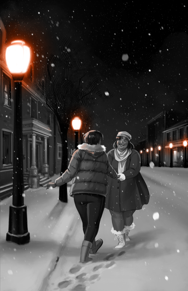 A digital painting of two women on a snowy street at night. With her back to the viewer is a slender brown-skinned woman with short dark hair, wearing a puffer jacket with a fur-trimmed hood over black pants and boots. Turned back towards her to tug her along is a fat East Asian woman with long dark hair and bangs. She wears a white knit cap, white scarf over a dark flaring coat, white mittens, leggings, and white fur-trimmed boots. She is smiling warmly at the first woman. The street is empty and the snow untouched apart from their footprints, and snow continues to fall around them. Buildings line the street on either side, only a few lights on in windows. The piece is in greyscale, apart from a warm red-orange glow from the street lamps.