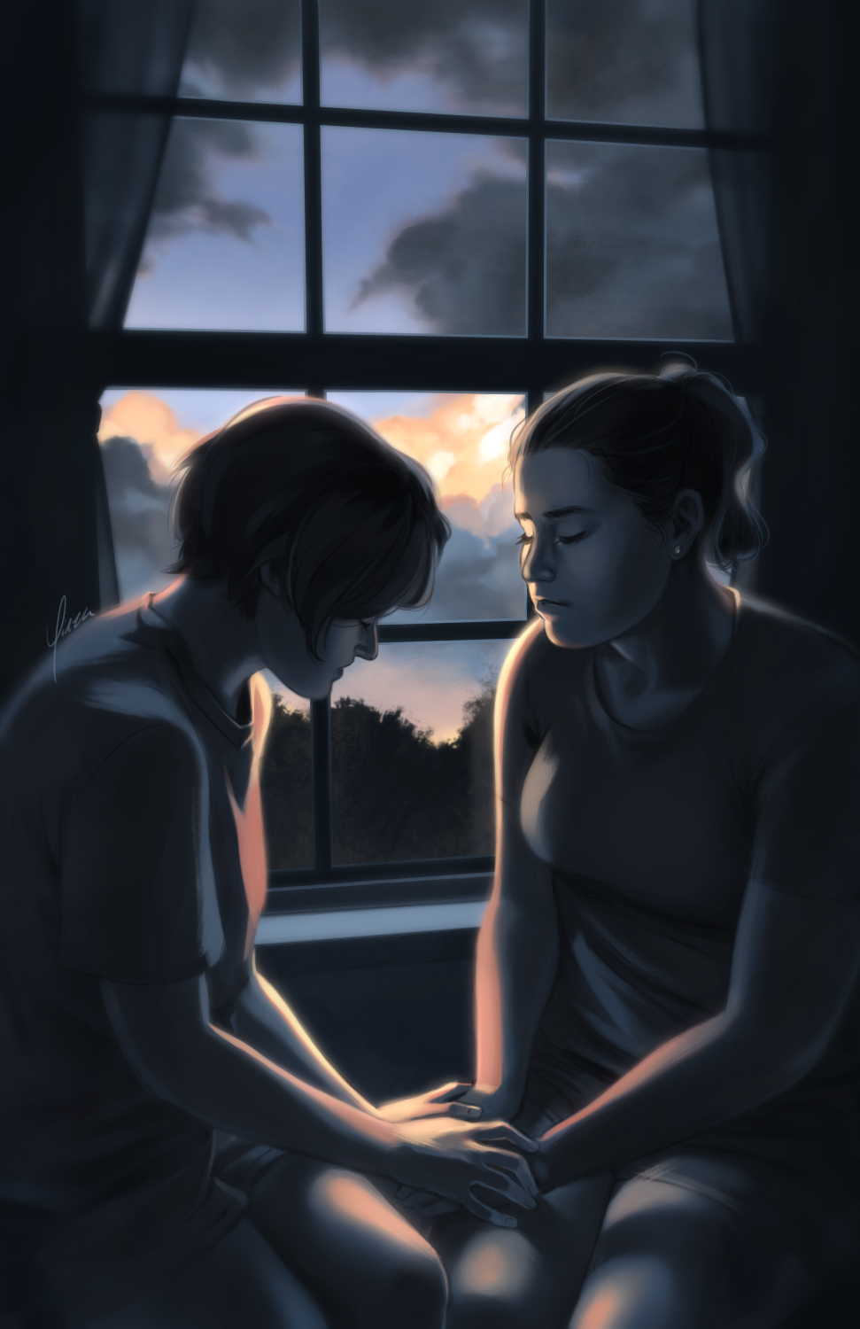 A digital painting of two teenage girls sitting in front of a window. It is early twilight outside, with the last of the sunset light catching some of the clouds and making them glow. There is no light on inside the room, so the girls are backlit by the light from the window. Both girls look down as one girl gently takes the other girl's hands in hers, her expression pensive. The other girl looks unsure but not unreceptive.