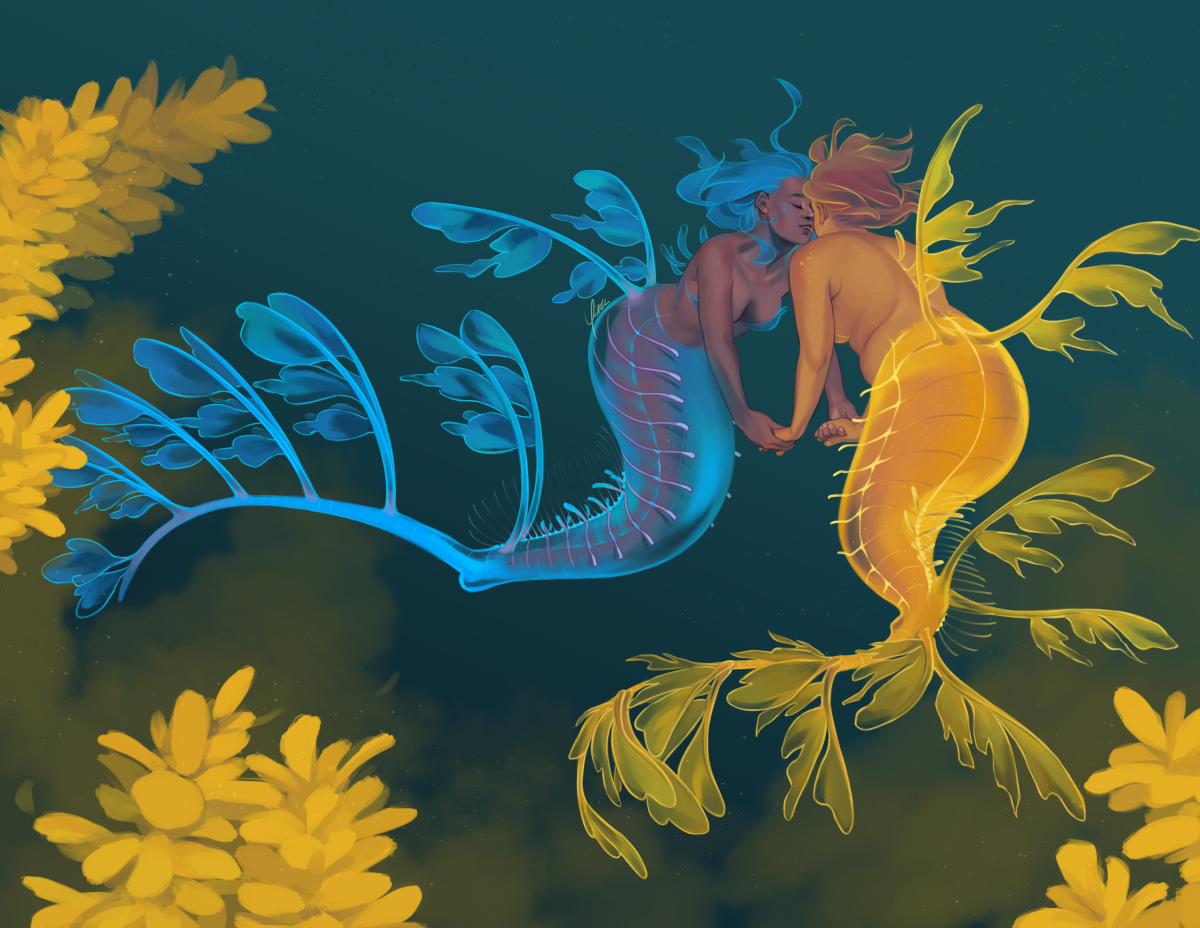 A digital painting of two mermaids based on leafy seadragons. They float underwater facing each other, holding both hands with their faces close together. The mermaid on the right has her back mostly to the viewer. She is average-sized with light skin, short red hair, and a golden yellow tail. The other mermaid is slender and brown-skinned with long blue hair and a blue tail with purple accents. Her eyes are closed and she has a soft smile on her face as she leans towards her partner.