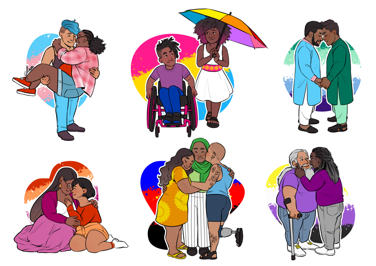 A set of six flat-color drawings of various queer couples (and one polycule) in a simple style.