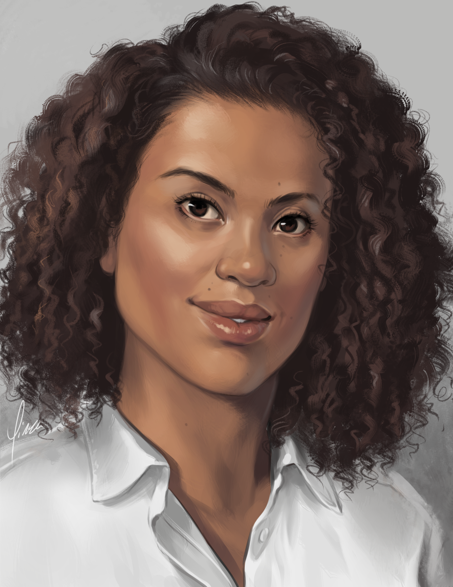 A digital portrait painting of Gugu Mbatha-Raw. She wears a white button-down shirt and has her hair loose, just brushing her shoulders. She looks at the viewer with a soft smile.