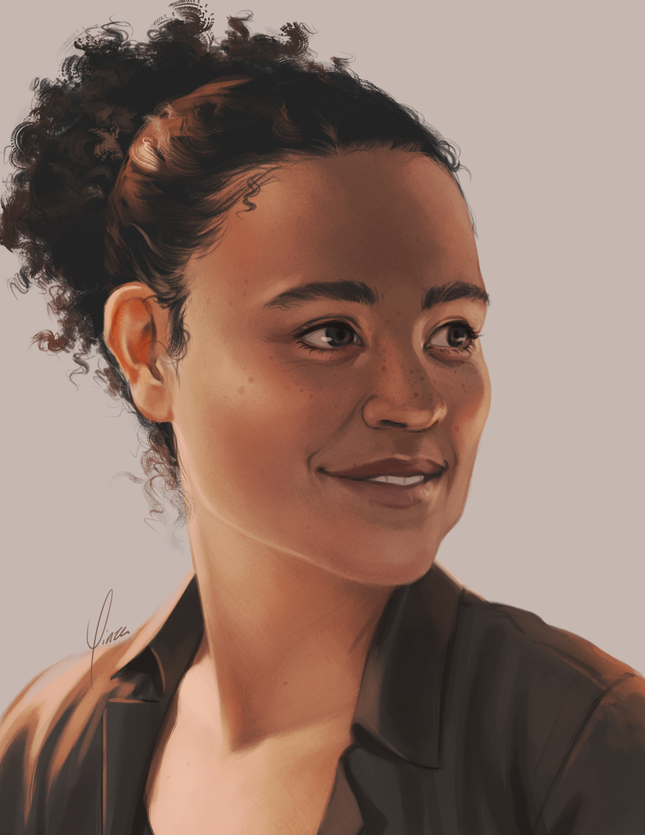 A digital portrait painting of actress Lauren Ridloff. She is lit from the left, but her head is turned away from the light source to look over her shoulder, putting her face at a 3/4 angle to the viewer. She wears a dark brown jacket and has her hair tied back from her face. She looks off-screen with a smile.