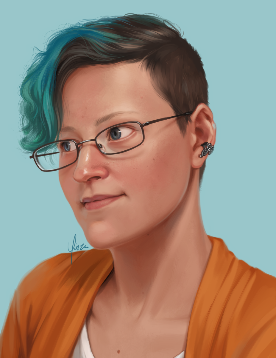 A digital self-portrait painting of the artist. They are petite and white with blue-grey eyes and dark brown hair cut in an undercut. The longer hair is dyed blue-green and is swept to the side, falling to their eyes. They wear an orange long-sleeved shirt over a white tank top, glasses with dark rectangular frames, and a small silver ear cuff. They look away from the viewer with a faint smile.