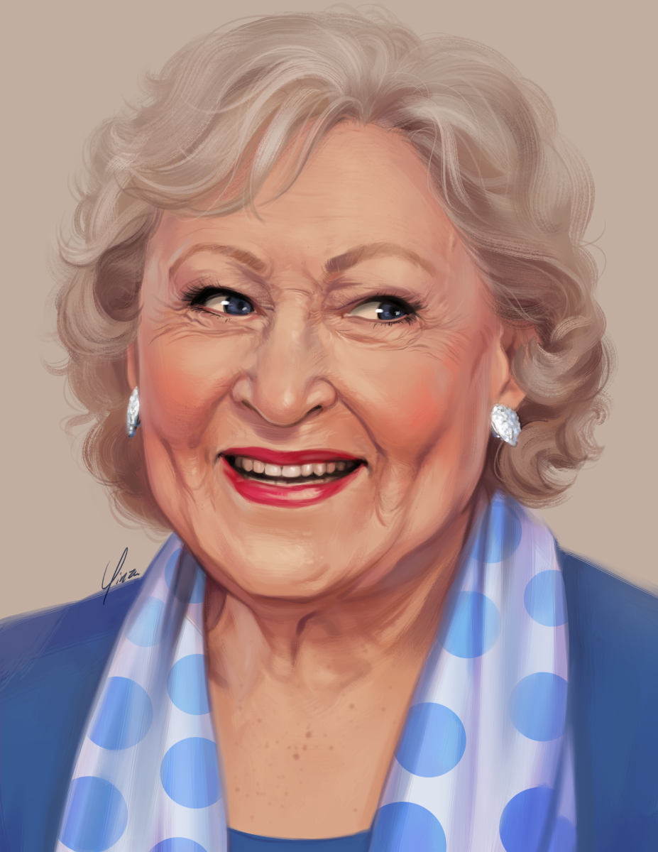 A digital portrait painting of Betty White as an elderly woman. She is wearing sparkly silver earrings and a white scarf with blue polka dots over a darker blue shirt. She faces the camera, but looks to her left with an open-mouthed smile.