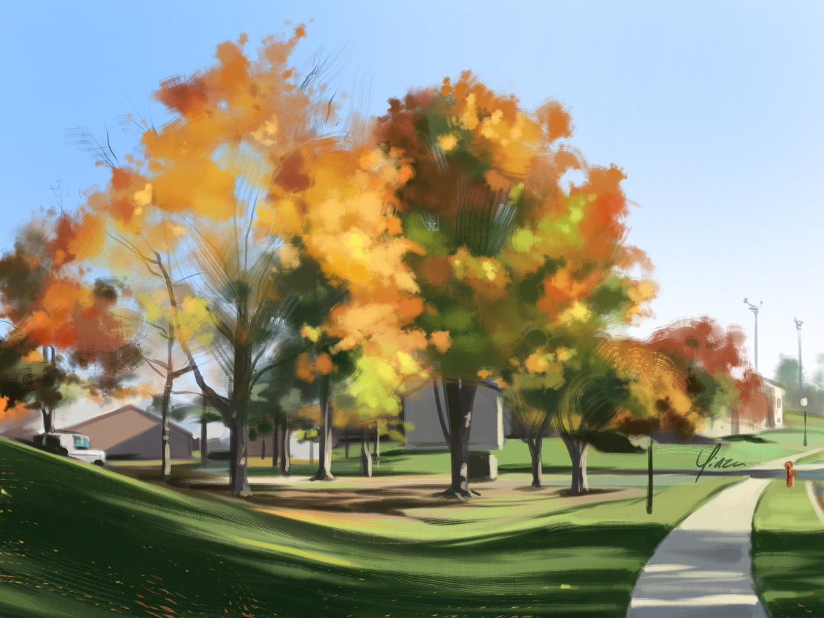 A digital painting study of some trees on a broad grassy lawn. Their leaves are still partly green, but turning to bright oranges and yellows. A sidewalk runs along the right side of the grass and buildings are visible indistinctly through the foliage.