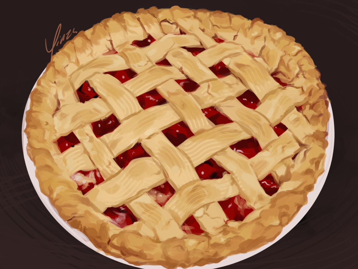 A digital painting study of a homemade cranberry apple pie. It has a woven lattice crust, and the red of the cranberries is visible through the gaps.
