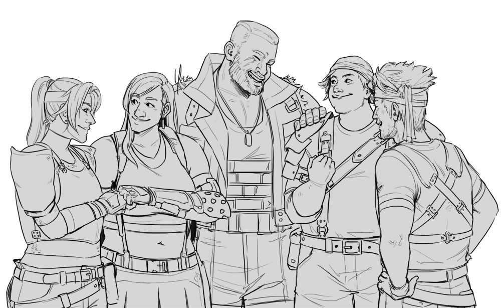 A sketch of the original AVALANCHE crew celebrating after a mission. Jessie and Tifa stand to the left fistbumping each other. Barret stands laughing in the middle, his hand on Wedge's shoulder. Biggs stands to the right of them, hands on his hips as he grins.
