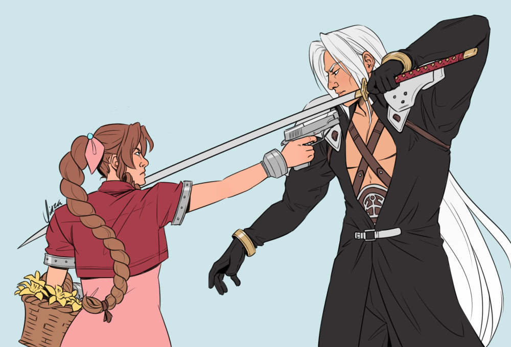 A drawing of Aeris Gainsborough and Sephiroth. Aeris stands with her back to the viewer, her flower basket over her left arm and her right arm extended, aiming a gun at Sephiroth. Sephiroth stands opposite her with his body mostly facing the viewer, his right arm lowered and his left arm raised to shoulder-height, holding the Masamune so the blade angles down towards Aeris's face. The two are glaring at each other.