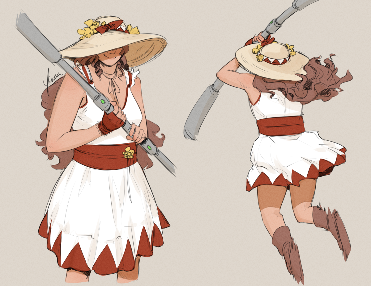 A pair of digital sketches of Aeris Gainsborough in a White Mage-inspired outfit. She wears a sleeveless knee-length white dress with a frilled hem edged in red triangles. The dress is cinched with a wide red belt with a yellow flower at the tie. She also wears a wide-brimmed straw hat with a white-and-red triangle patterned ribbon and yellow flowers, red fingerless gloves, and her usual brown boots. Her hair is loose. The first sketch shows her from the knees-up, holding her staff in front of her, her face obscured by the brim of her hat except for a smirk. The second sketch shows her from behind, leaping towards something with her staff raised.