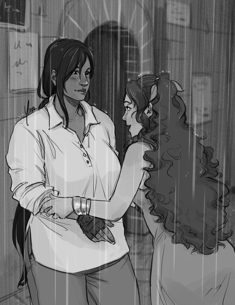A greyscale scene of Aeris taking Tifa by the arms in the midst of a rainstorm in Kalm.