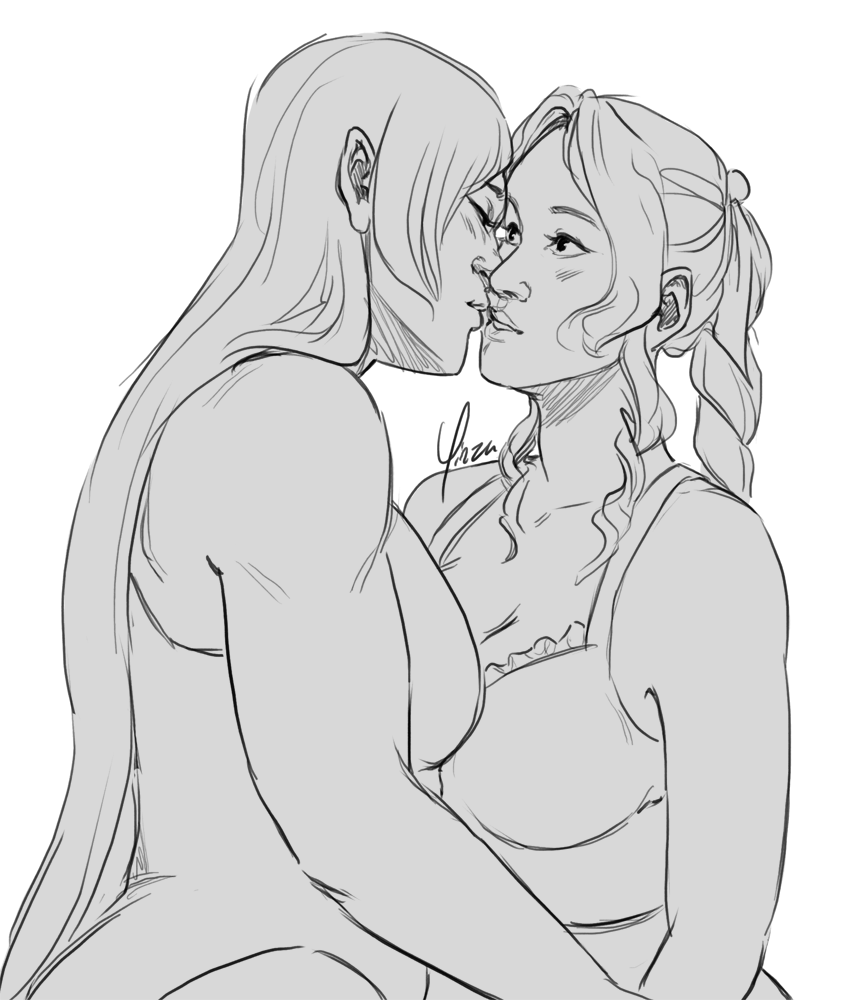 A sketch of Tifa kissing Aeris in the corner of her mouth. Aeris looks surprised.