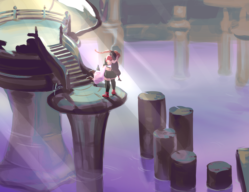 A rough painting set at the altar in the City of the Ancients. Aeris has run down the steps to leap into Tifa's arms, unharmed.