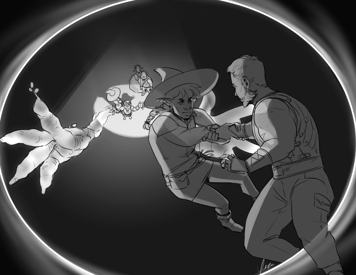 A greyscale digital illustration of the Arms Outstretched scene from The Adventure Zone: Balance. The view is from the other side of the portal into the astral plane. Nearest to the foreground, Magnus is being pulled back from the portal by Taako, who has a grip on his right arm and wears a determined expression on his face. Both of their spectral forms are slightly translucent. Far below them, standing in the spotlight on the catwalk, are the small figures of Edward!Magnus and Lydia, Taako's body, and Merle. Merle stands facing them with his arms outstretched, and spectral versions of his arms stretch out towards Taako, huge and glowing.