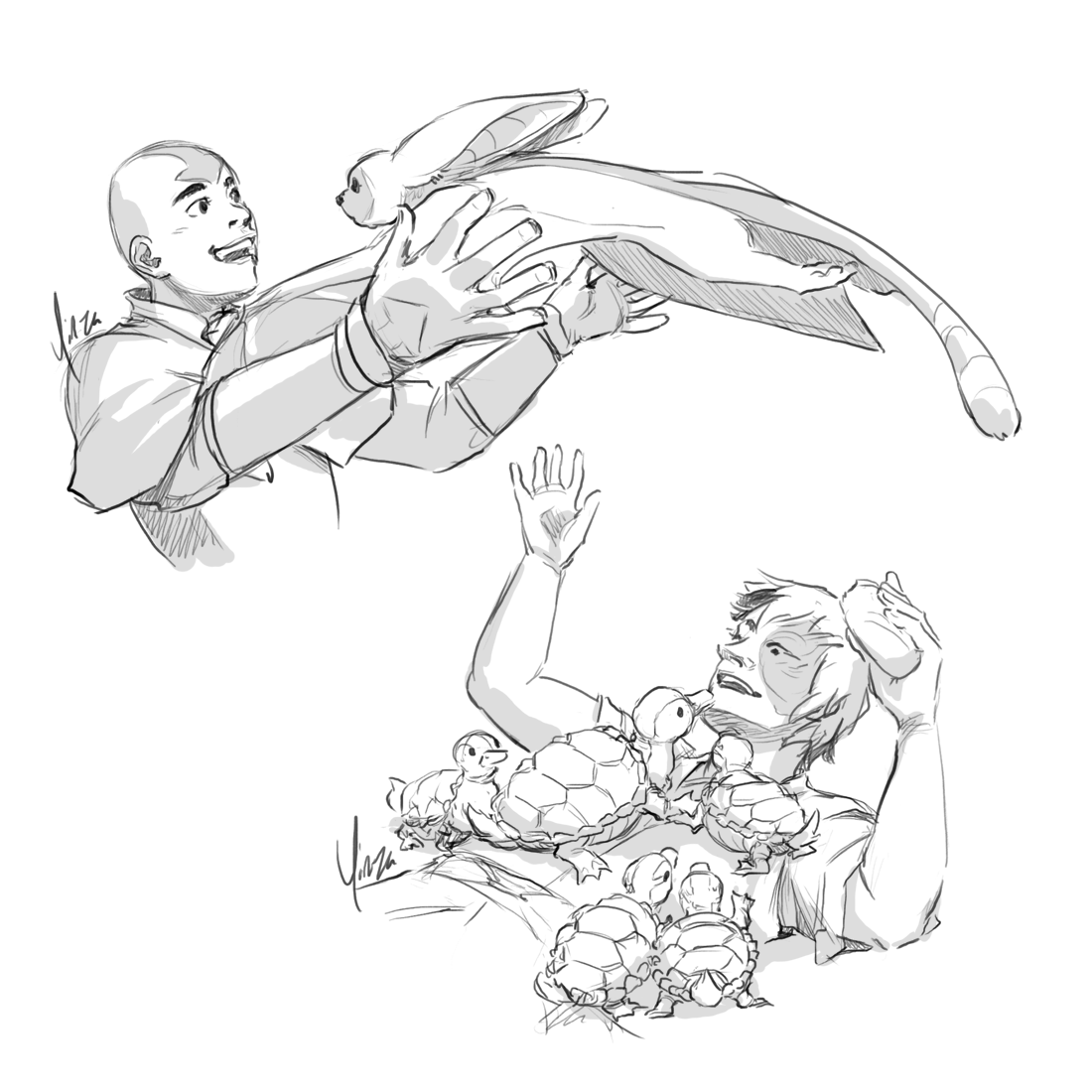 Two sketches: one of Aang catching Momo as he flies towards him, and another of Zuko lying on the ground being swarmed by turtle ducks.