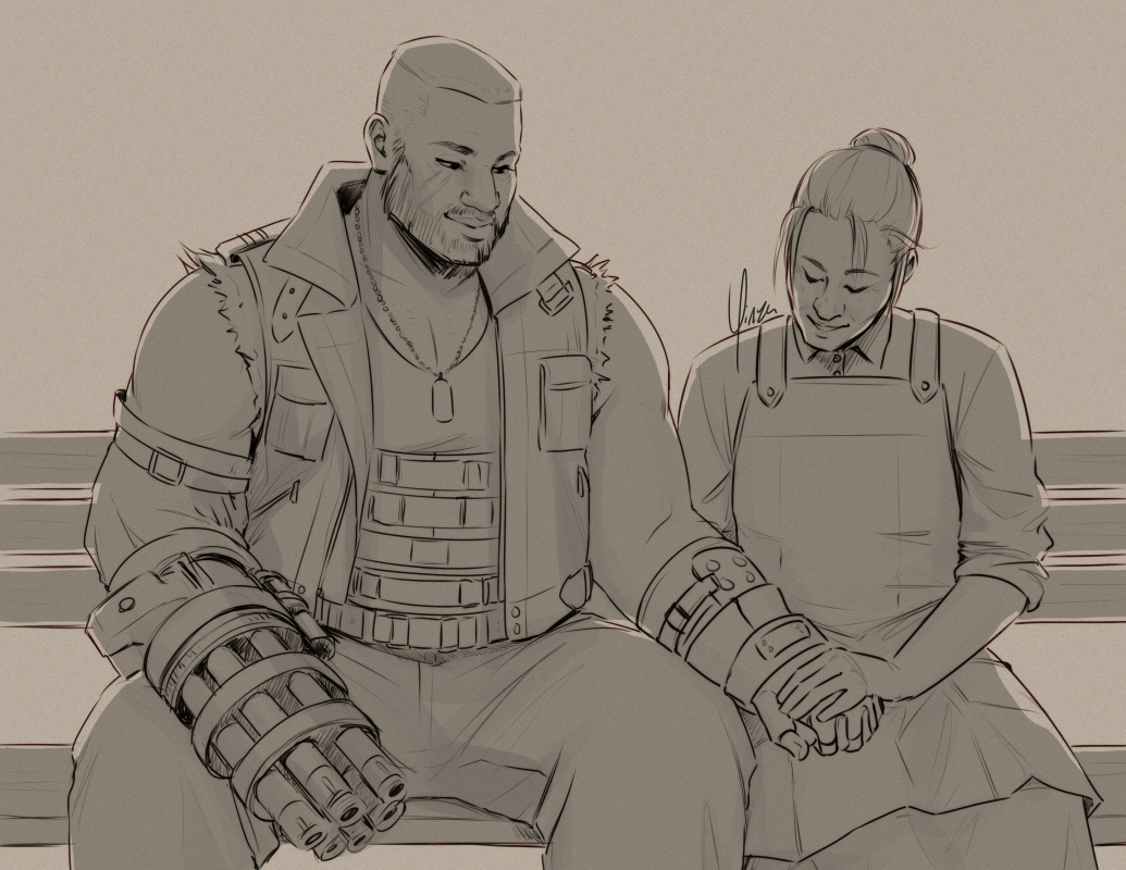 A sketch of Barret and Elmyra sitting on a bench together. Elmyra is holding his hand in both of hers.