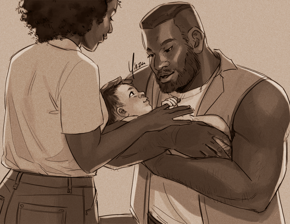 A sepia-tinted sketch of Barret holding a baby Marlene in both arms. Myrna stands with her back to the viewer, holding out her hand so that Marlene can grab her finger.