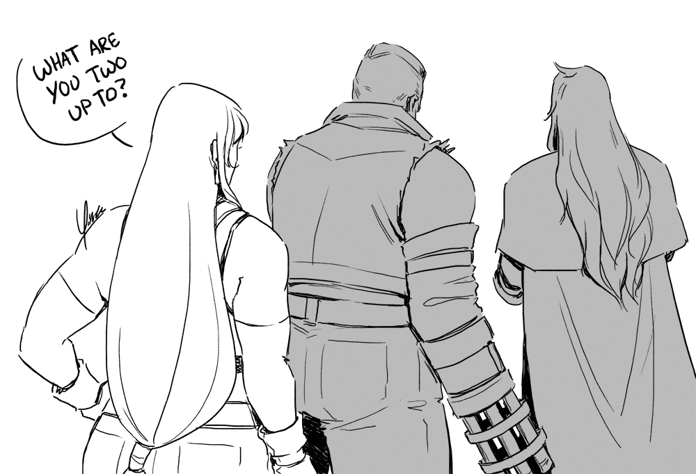 Barret and Vincent stand with their backs to the camera. Tifa approaches them asking 'What are you two up to?'