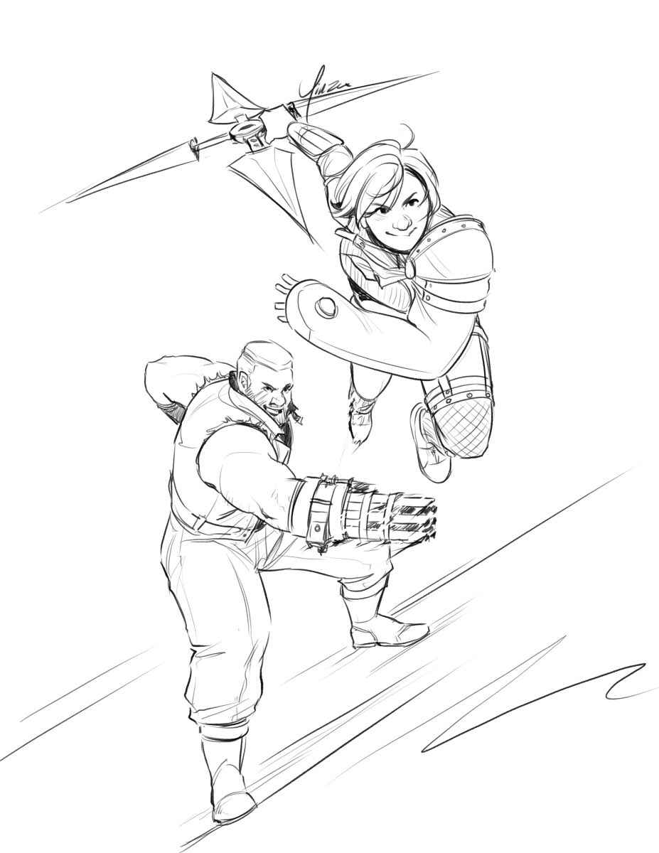 A digital lineart sketch of Barret and Yuffie executing a team attack. Yuffie is flying through the air towards something just past the viewer, her shuriken held at the ready behind her. Barret stands a short distance behind her, having just launched her into the air with his gun-arm. Both of them smirk at their target.