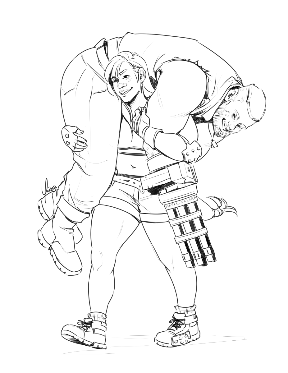 A digital sketch of Tifa Lockhart and Barret Wallace. Both wear their OG outfits, except Tifa is wearing shorts, and Barret has his Remake gun arm. Tifa has Barret over her shoulders in a fireman's carry, and both are grinning.