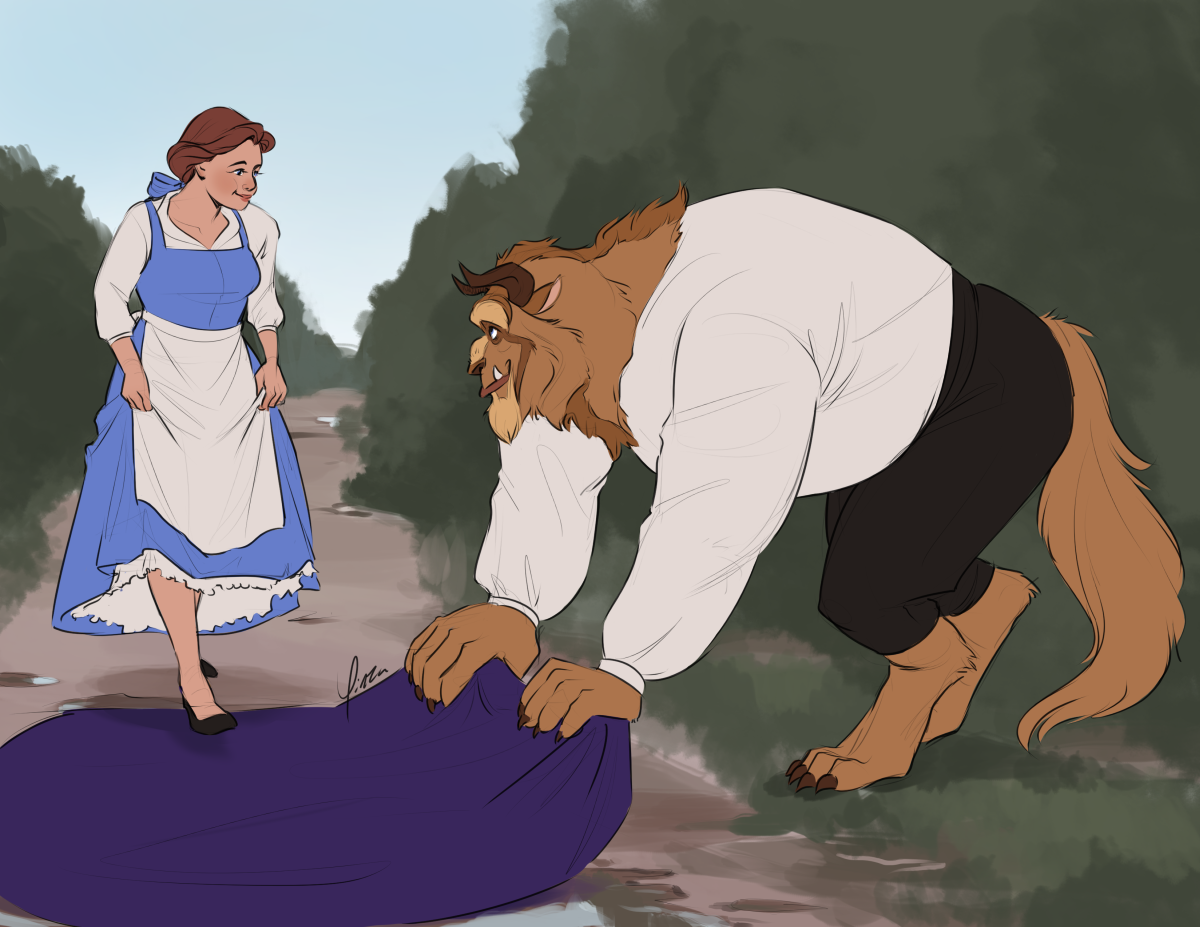 Digital artwork of Belle and the Beast from the Disney animated film. They are outside along a dirt path through some vegetation. The Beast has pulled off his cloak to lay it across a muddy puddle, and he looks up at Belle with a smile. Belle smiles back at him as she lifts her foot, about to walk across it.