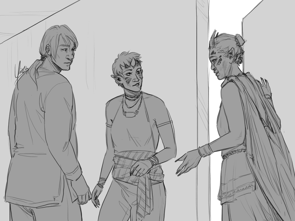 A greyscale scene sketch. A winged woman has stepped out of a door and is gesturing to two people who were about to walk away.