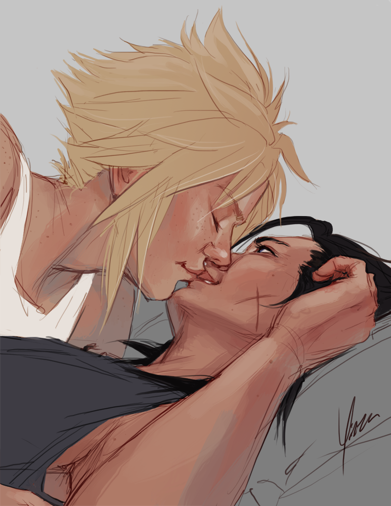 Zack is lying back in bed while Cloud leans over him, pressing a soft kiss to his lips.