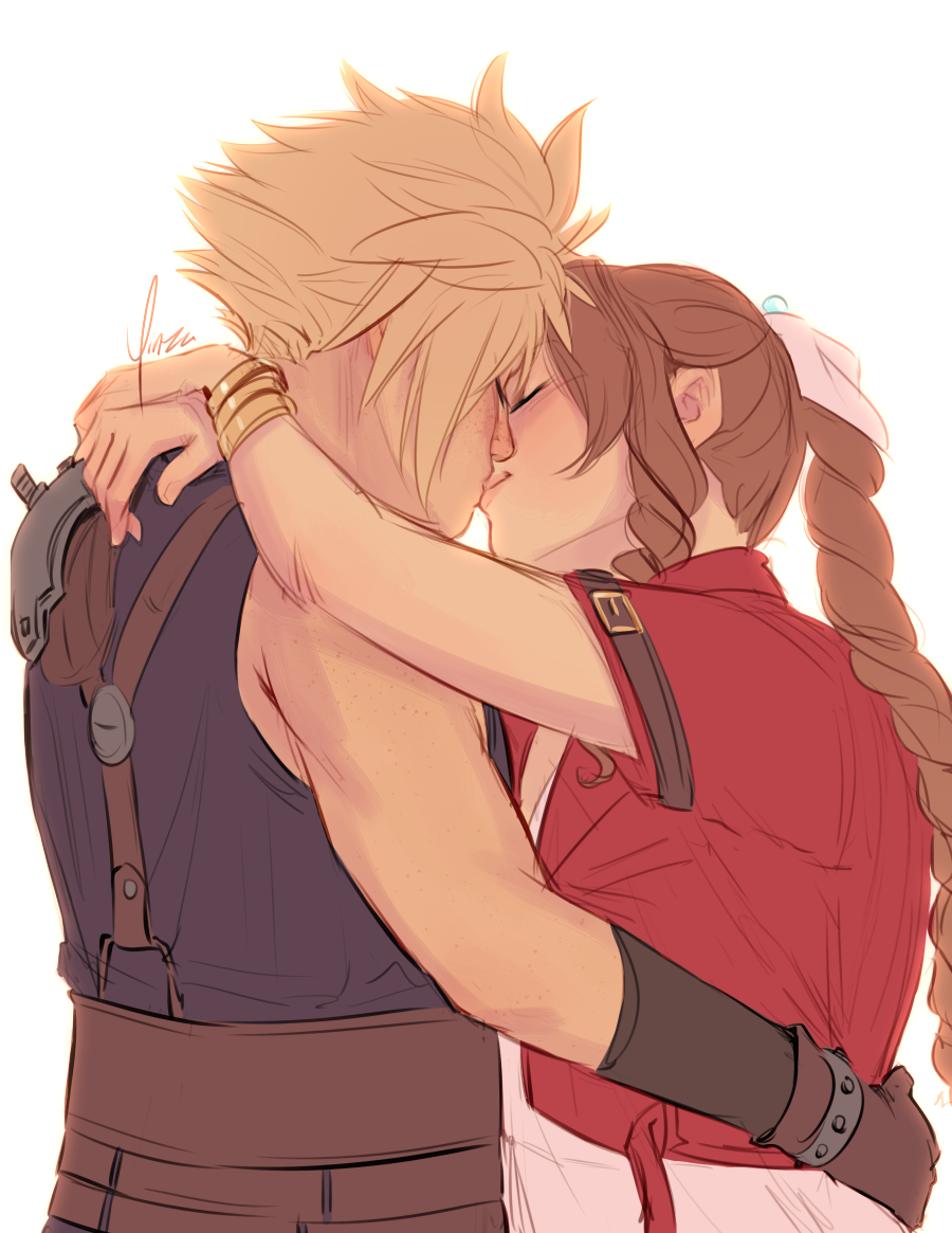 A colored sketch of Cloud and Aeris kissing. Aeris has her arms around his neck and he has his arms around her waist.