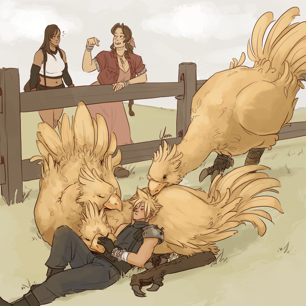 Cloud lies sleeping cuddled with some chocobos. Aeris is leaning against the fence, calling Tifa over to come look.
