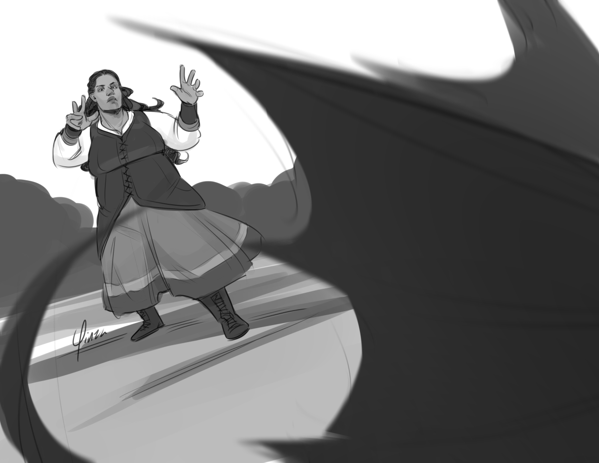 A greyscale digital sketch of a woman subduing a dragon. She is fat with long dark hair pulled back from her face. She wears a long dark vest over a white blouse and a billowing skirt. Her hands are raised to control some magic, and she looks down on the dragon, of which only its wings and tail can be seen indistinctly as it crashes down in the foreground.
