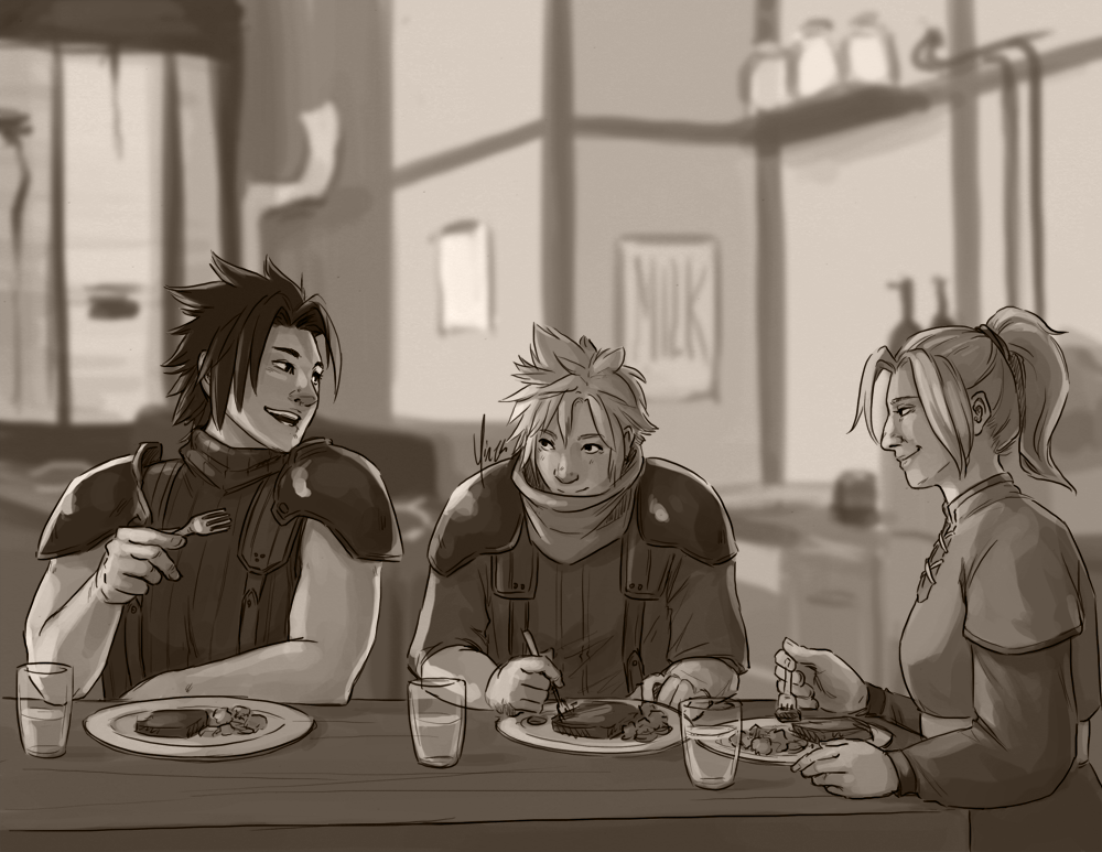 Zack has dinner at Cloud's house with Cloud and his mother.