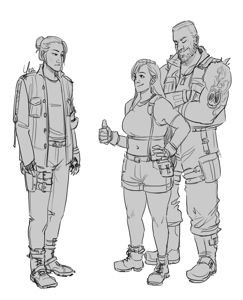 Vincent is wearing a long-sleeved jacket over a T-shirt and jeans with combat boots and a thigh holster. His hair is up in a bun. Barret and Tifa stand nearby, Tifa is giving him a thumbs up and Barret looks pleased.