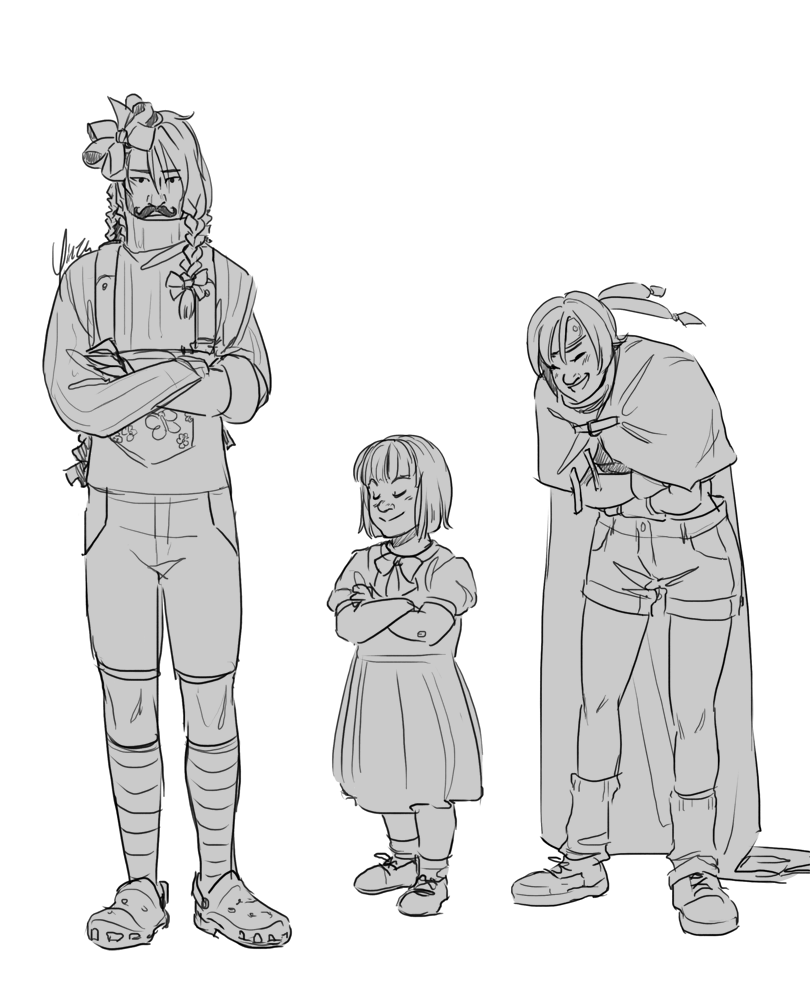 Vincent is wearing short overalls over a loose sweater, and striped socks with crocs. His hair is braided with various bows and he is wearing a fake moustache. His arms is folded and he looks displeased. Marlene stands nearby looking pleased with herself, while Yuffie is doubled over laughing. She is wearing Vincent's cape.