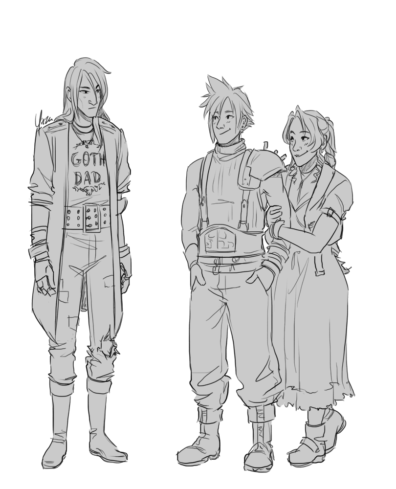 Vincent is wearing a shirt reading 'goth dad' under a long jacket. He has a wide studded belt, high boots, and ripped jeans. Cloud and Aeris stand nearby looking pleased with themselves.