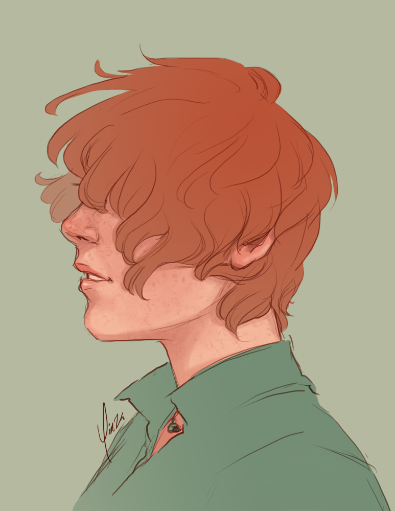 A sketch of a redhead with her hair blowing into her face.