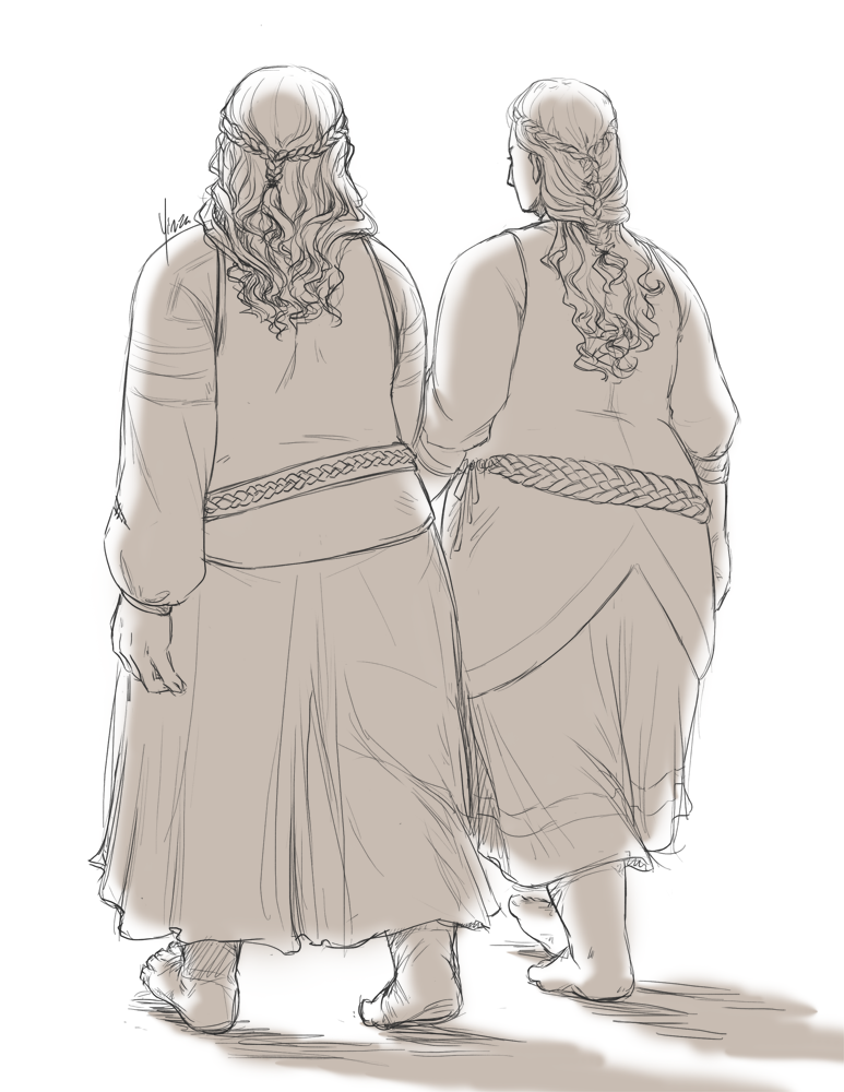 A rear-view sketch of two women walking barefoot.