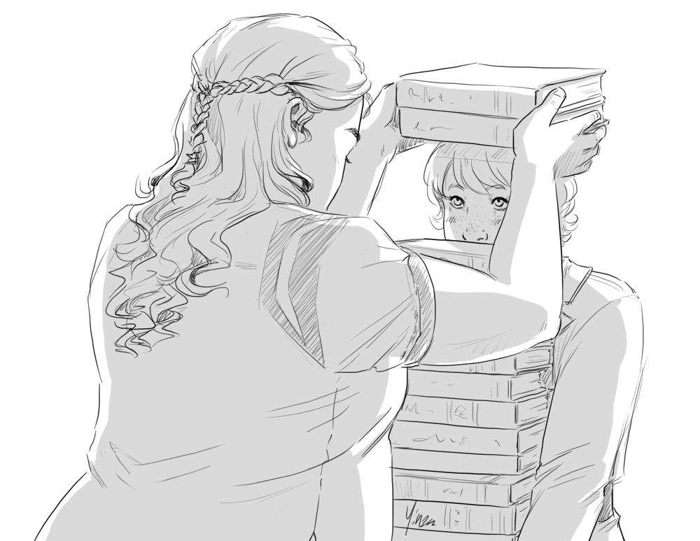 A woman lifts the top books off the enormous stack that her friend is carrying so that she can see her face.