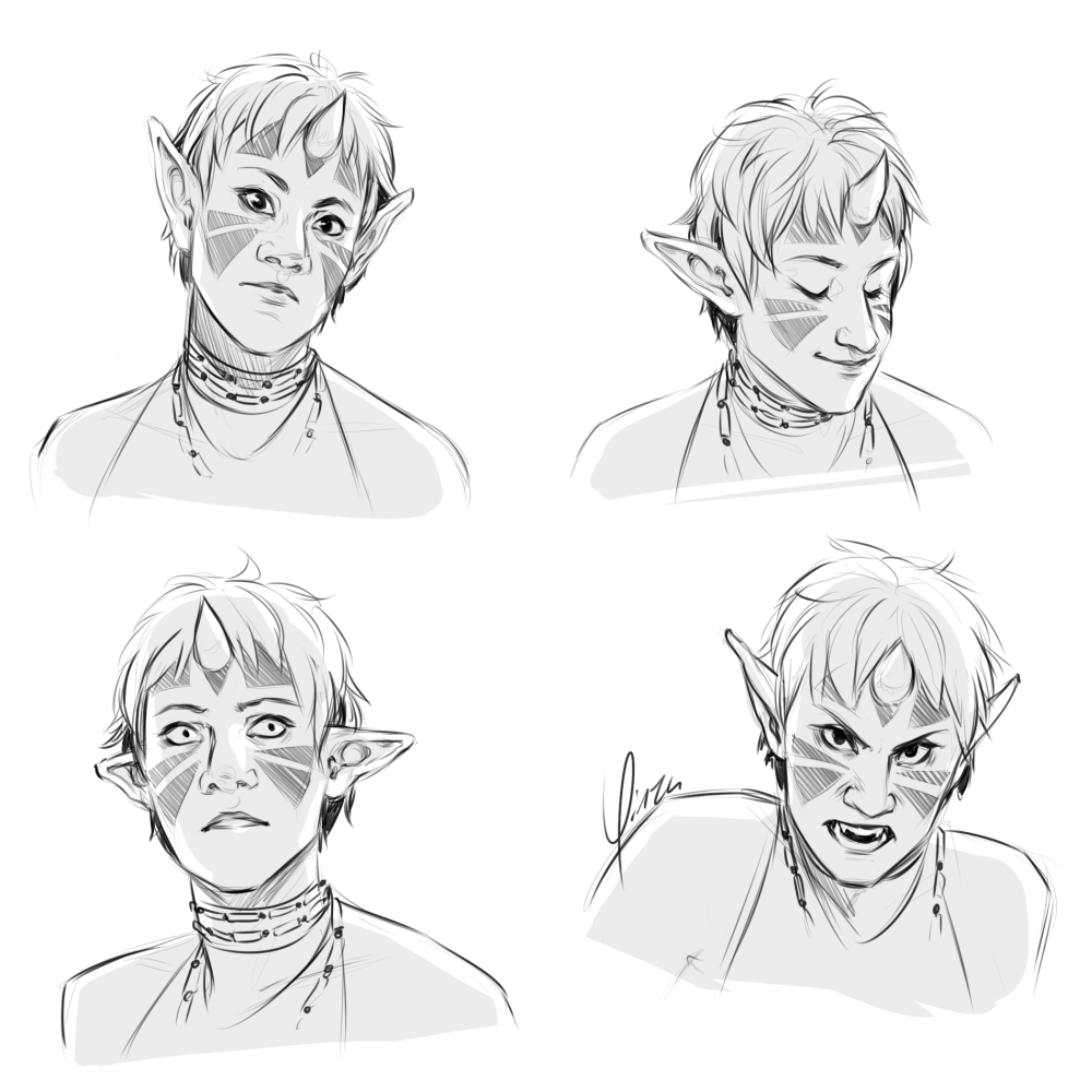 A series of 4 expression studies for a woman with long pointed ears. Left to right, top to bottom: intrigued, content, terrified, angry.