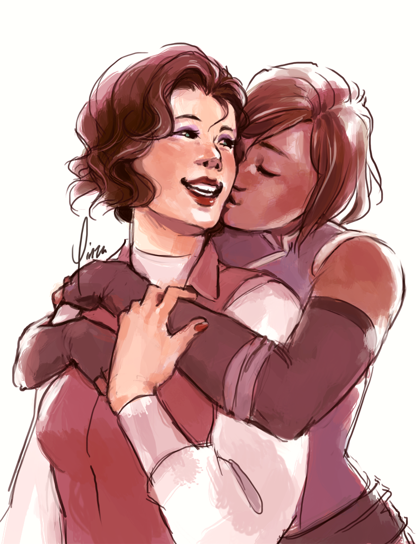 Korra embraces a short-haired Asami from behind, kissing her on the cheek.
