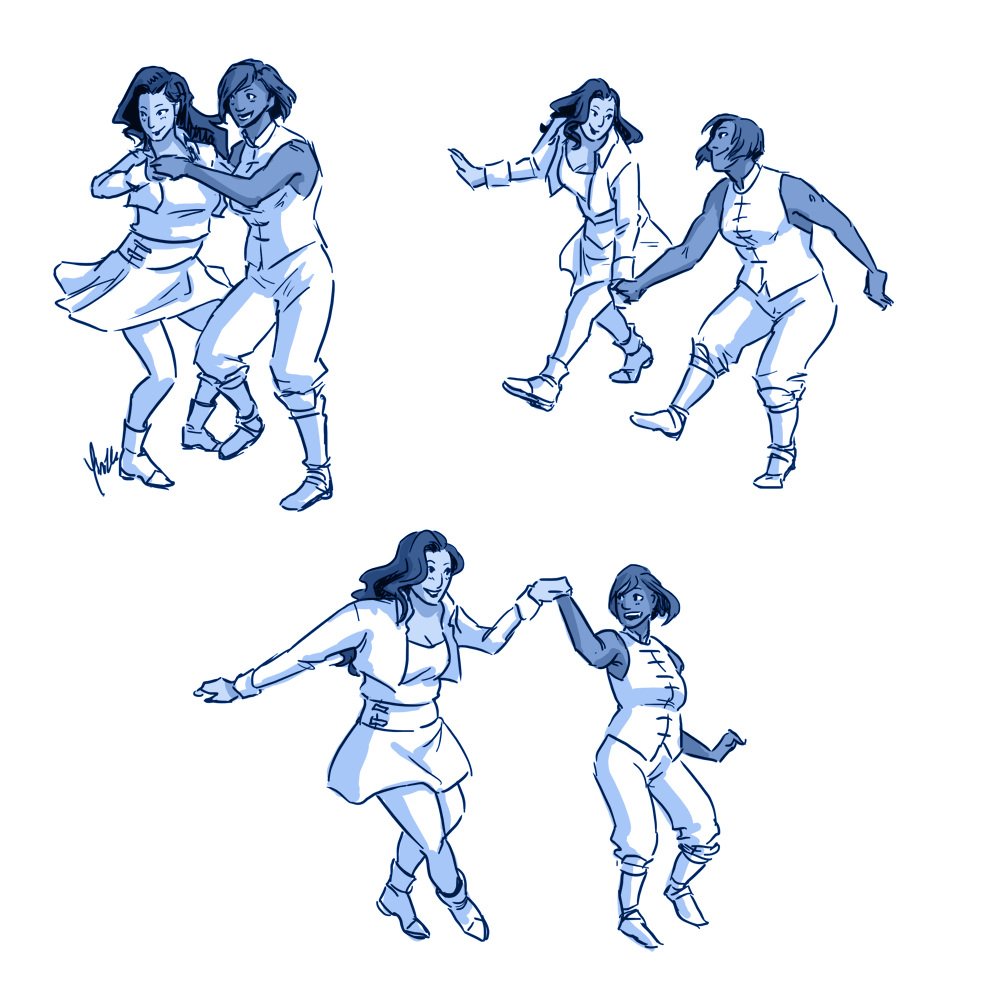 A few sketches of Korra and Asami swing dancing together.