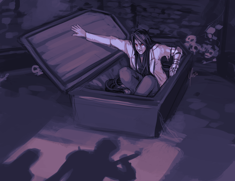 A rough painting of the crypt in the Nibelheim mansion basement. Light is spilling in through the open doorway, throwing Cloud's shadow across the floor, and climbing out of the coffin is Lucrecia Crescent. Her eyes are red, her hair is incredibly long, and her lab coat is torn around where her left arm has been replaced by a metal claw.