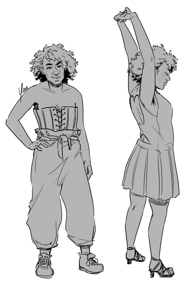 Two drawings of Lup. In the first, she stands wearing a sleeveless corset and baggy pants. In the second, she is wearing a dress with a heart-shaped cut-out in the back and stretching her arms over her head.