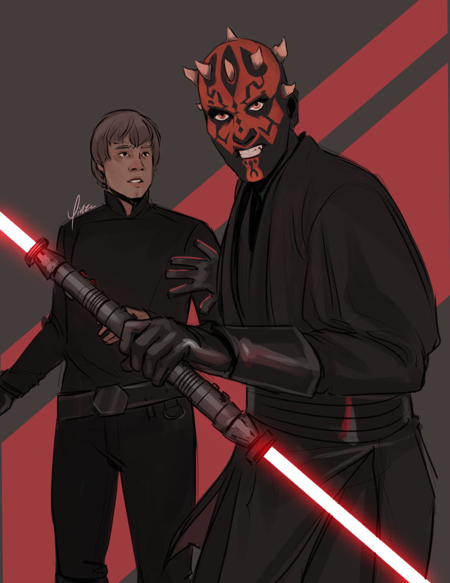 Digital artwork of Darth Maul and Luke Skywalker, shown from about the knees up. Maul stands nearer to the foreground, his double-bladed lightsaber held in front of him in his left hand while he gestures Luke back with his right. He glares at something ahead of him with his teeth bared. Luke stands a bit behind him, looking at him in surprise.